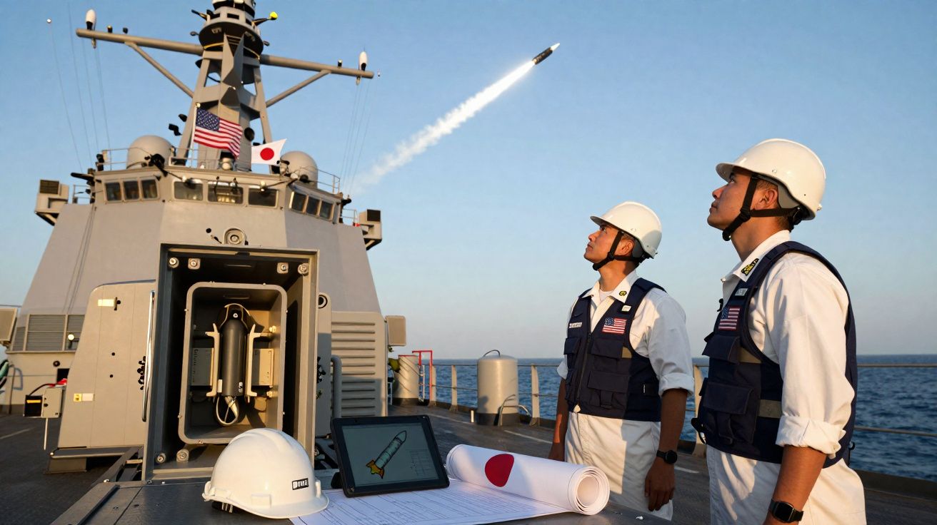 Dois militares observam lançamento de míssil de navio de guerra com bandeiras dos EUA e Japão.