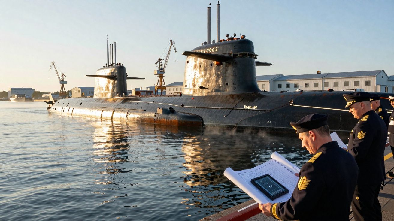 Submarino militar atracado em porto com tripulação em uniforme observando documentos.