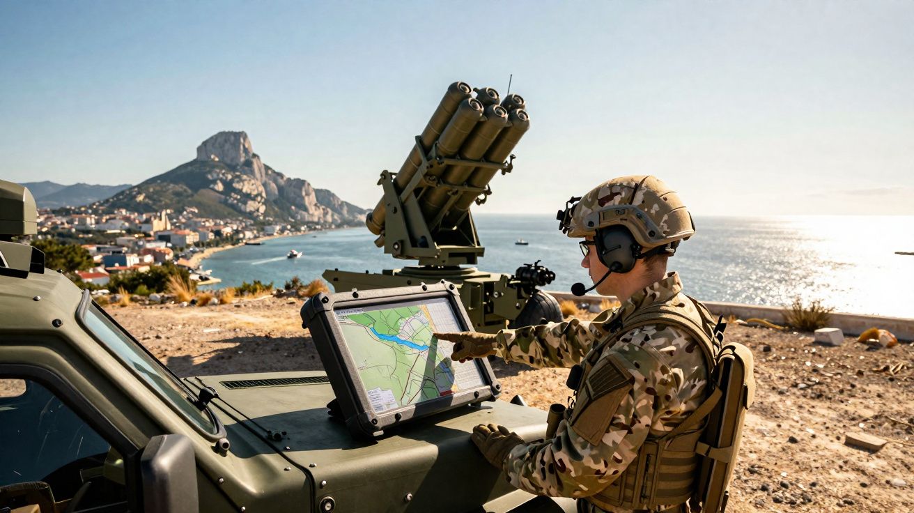 Soldado usando uniforme camuflado e capacete consulta mapa digital em veículo militar próximo ao mar e cidade costeira.