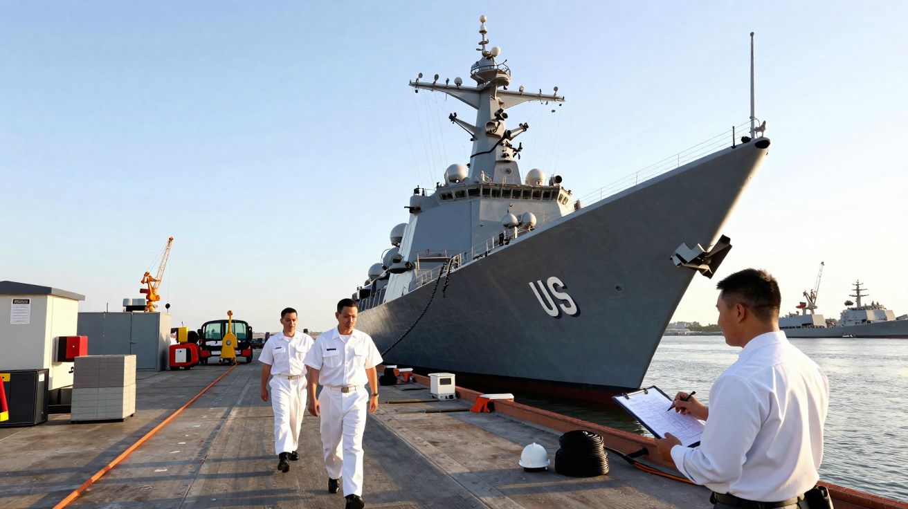 Navio de guerra dos EUA atracado com três marinheiros em uniforme branco no cais sob céu claro.