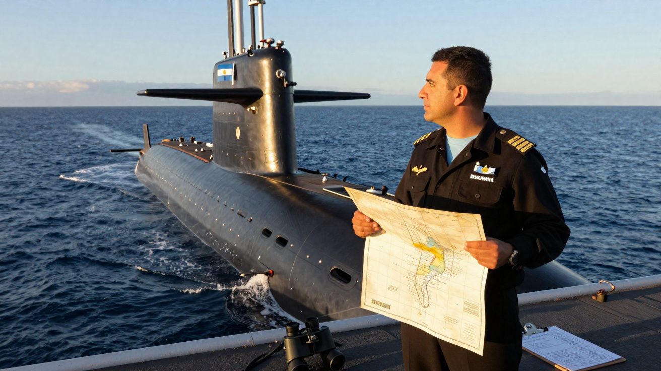 Oficial da marinha segurando mapa, próximo a submarino no mar durante o dia.