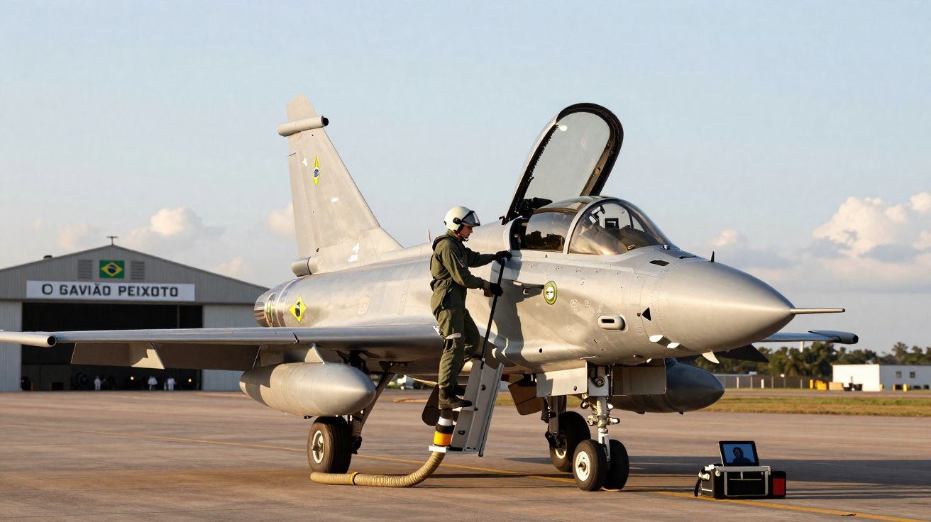 Piloto militar sobe escada para entrar em caça da Força Aérea Brasileira no aeroporto O Gavião Peixoto.