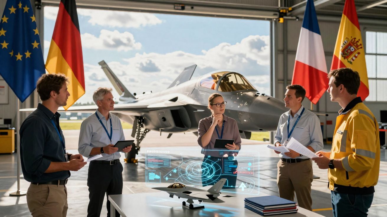 Equipe internacional em reunião técnica com modelo de avião militar dentro de hangar com bandeiras da UE, Alemanha, França e 
