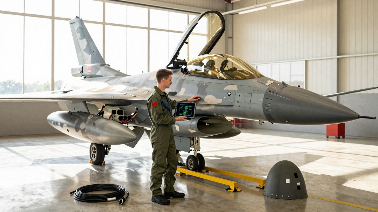 Militar em uniforme trabalha na manutenção de caça tático cinza dentro de hangar bem iluminado.