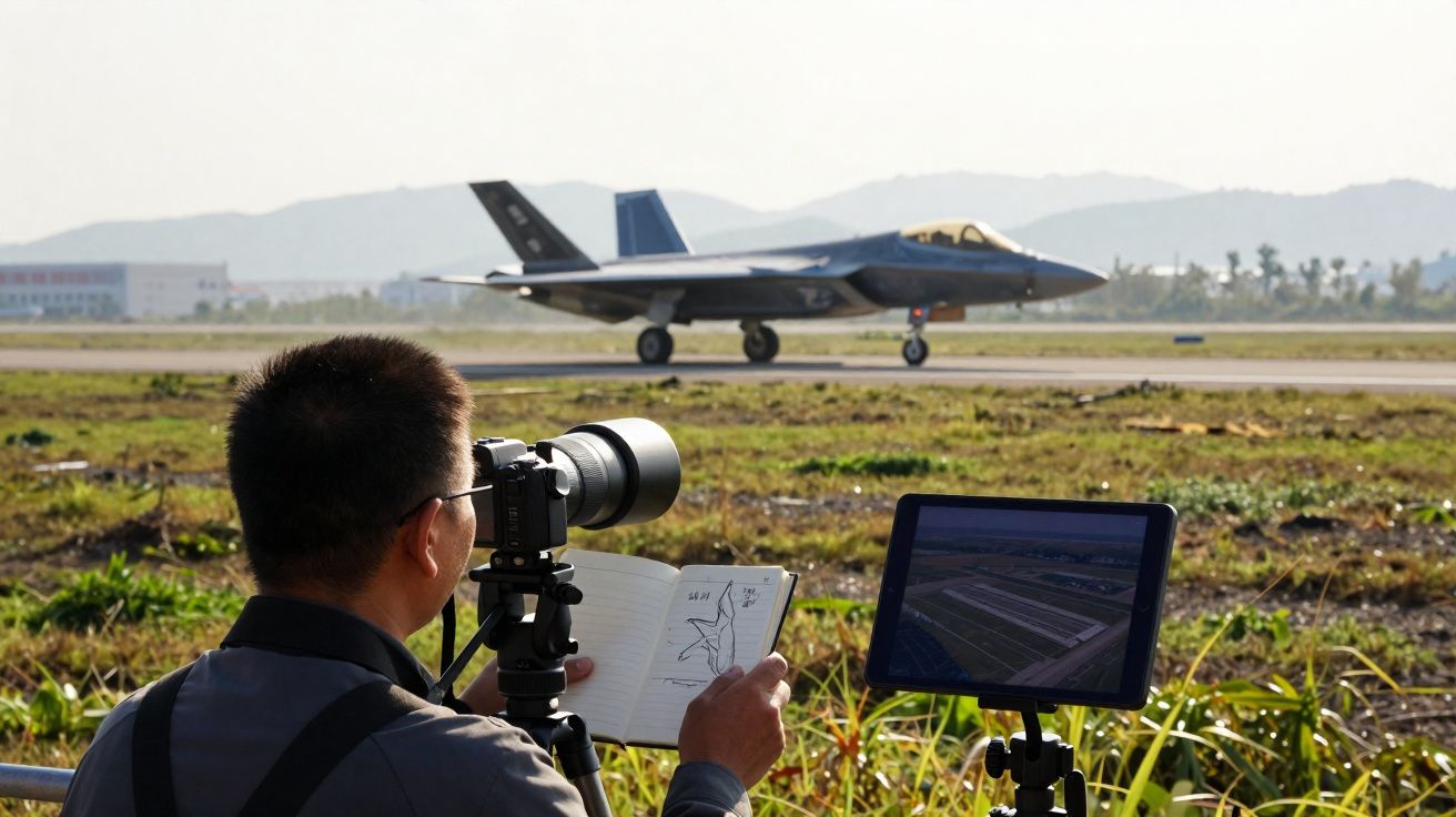 Fotógrafo registra avião militar em pista com caderno de esboços e monitor de vídeo ao ar livre.
