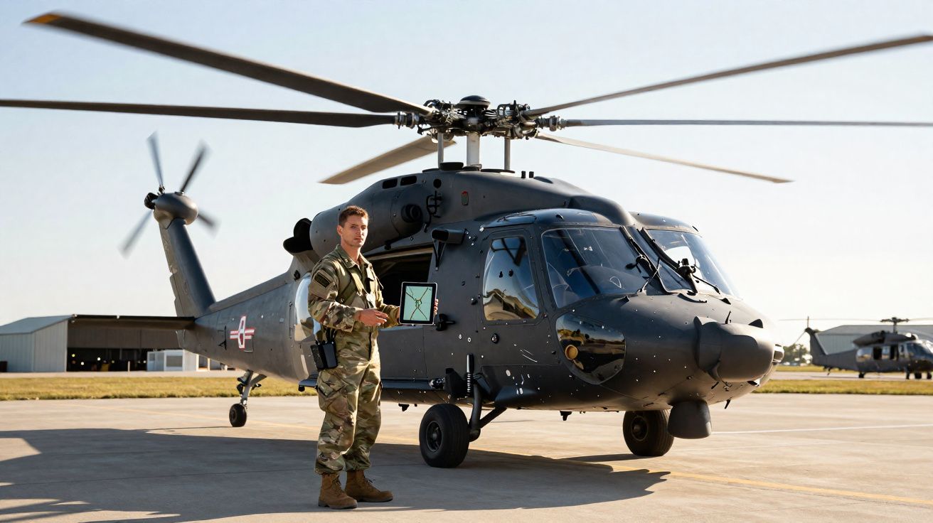 Homem em uniforme militar em frente a helicóptero preto estacionado em pista sob céu claro.