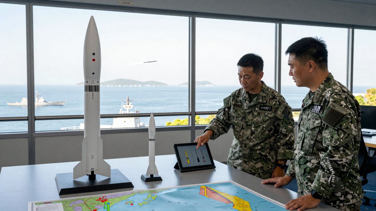 Dois militares em uniforme observam modelos de mísseis e um mapa em sala com vista para o mar.