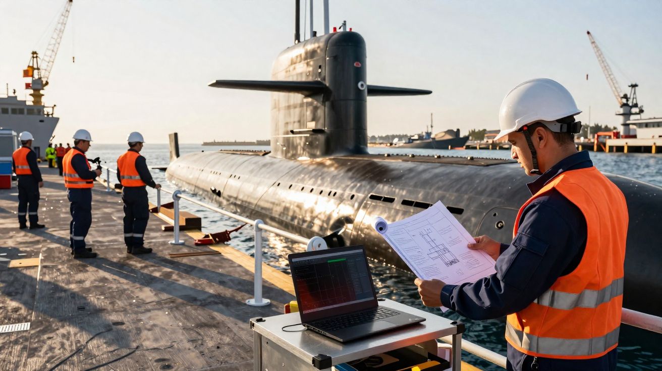Engenheiros com capacetes e coletes laranja inspecionam e analisam documentos ao lado de submarino ancorado no porto.