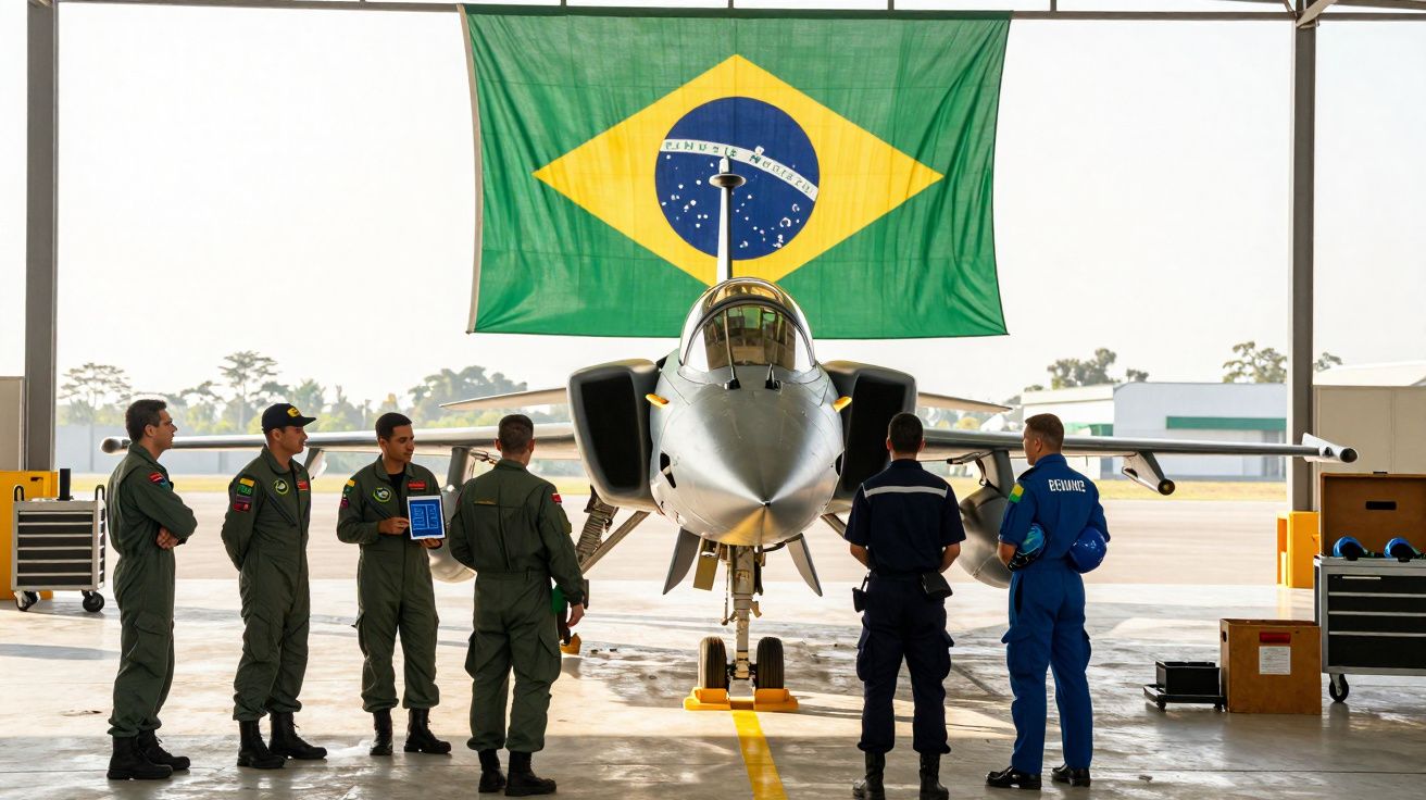 Equipe militar em uniforme observa jato de combate em hangar com bandeira do Brasil ao fundo.