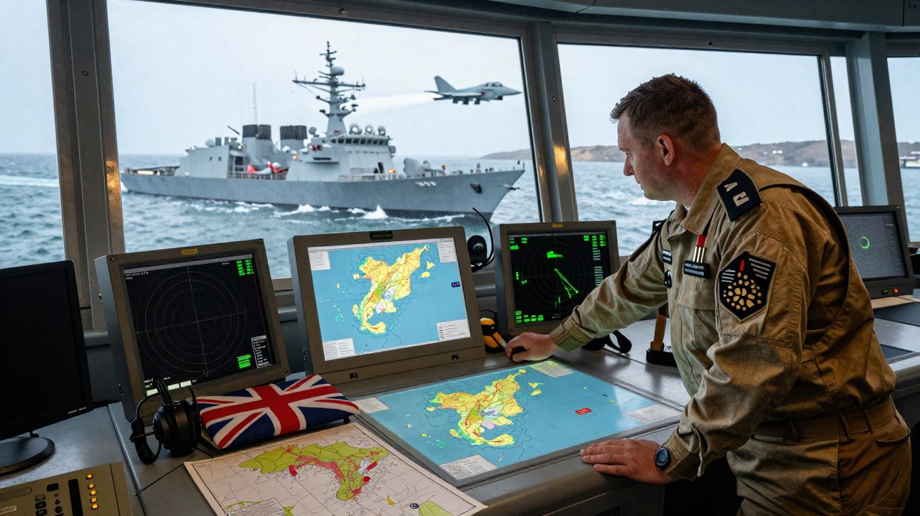 Oficial naval britânico em centro de comando acompanhando navio e avião militar pelo radar e mapas.