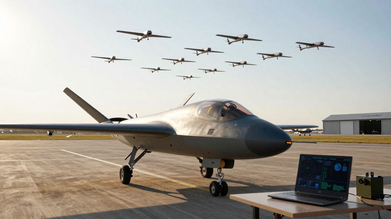 Avião militar no solo com drones voando ao fundo e um laptop com controle em uma mesa próxima.