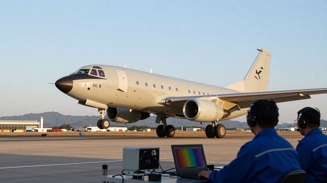 Avião militar taxiando na pista com dois técnicos observando e equipamentos ao lado.
