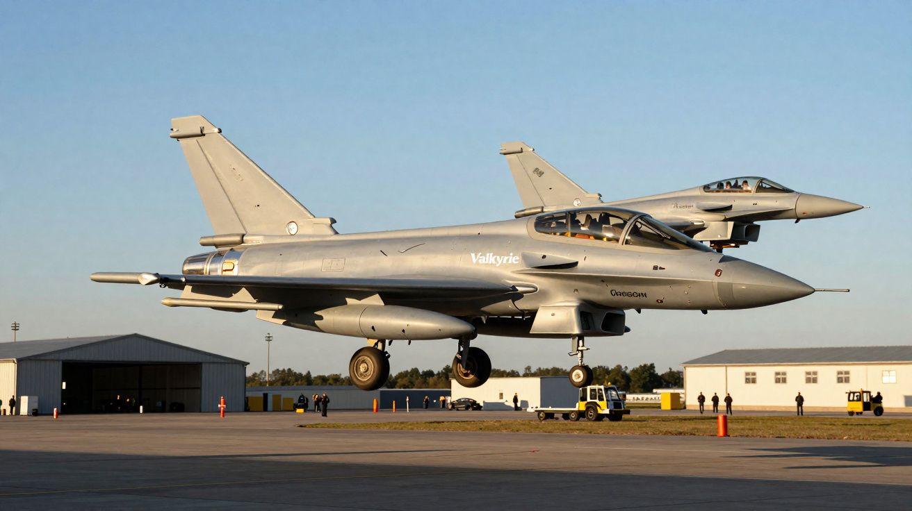 Dois caças militares cinza pousando em pista de aeroporto com hangar e pessoas ao fundo.