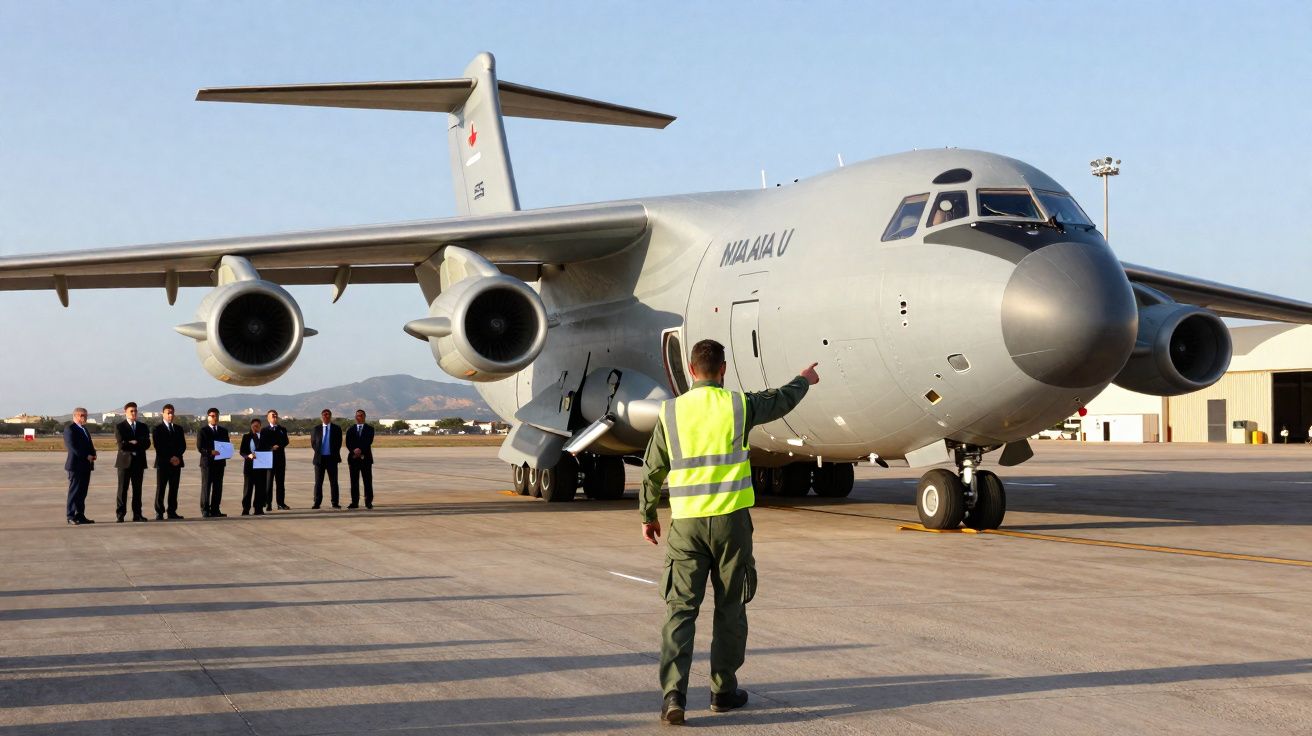 Avião militar cinza em pista com piloto em colete amarelo e grupo de pessoas ao fundo observando.