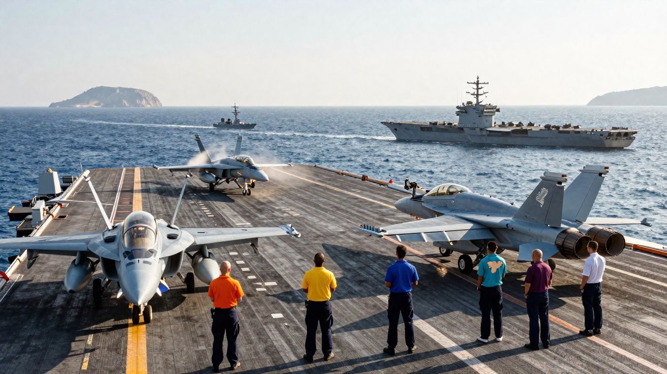 Pessoas em porta-aviões observam três caças F-18 na pista com navios e ilhas ao fundo.