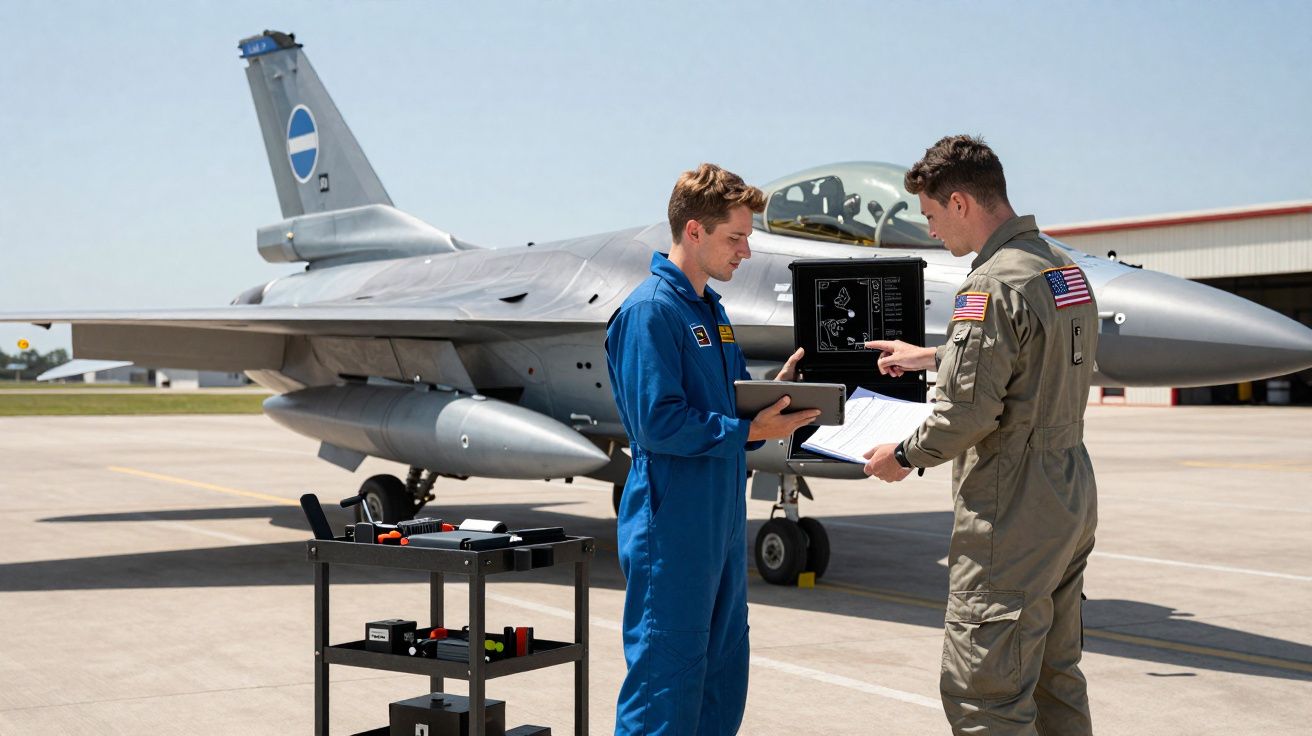 Dois pilotos em macacões conversam e analisam documentos em frente a um caça estacionado no aeroporto.