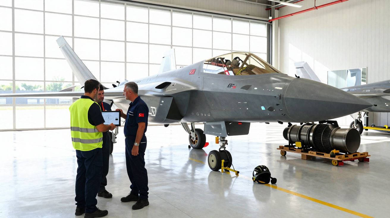 Três homens discutem ao lado de um avião de combate cinza estacionado dentro de um hangar iluminado.