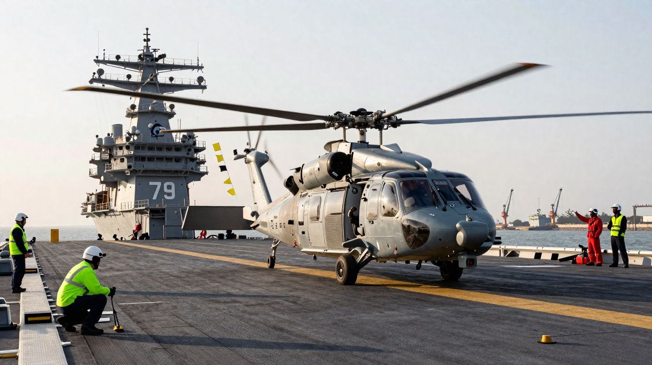 Helicóptero militar cinza pousando em porta-aviões com tripulantes de coletes de segurança ao redor no convés.