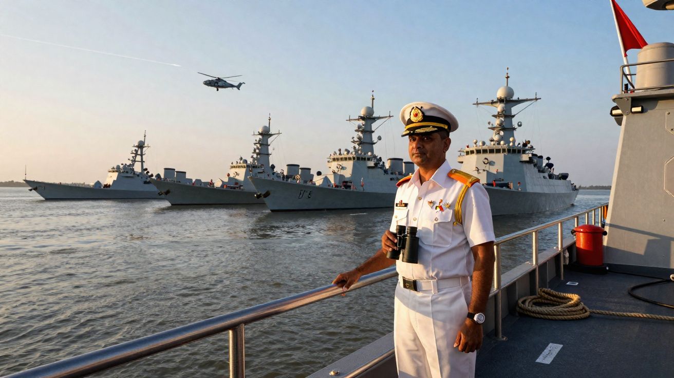 Oficial naval em uniforme branco a bordo de navio, com frota e helicóptero ao fundo ao pôr do sol.
