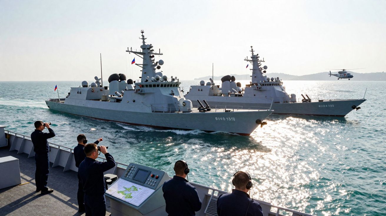 Homens da marinha observando dois navios de guerra modernos no mar durante o dia com helicóptero ao fundo.