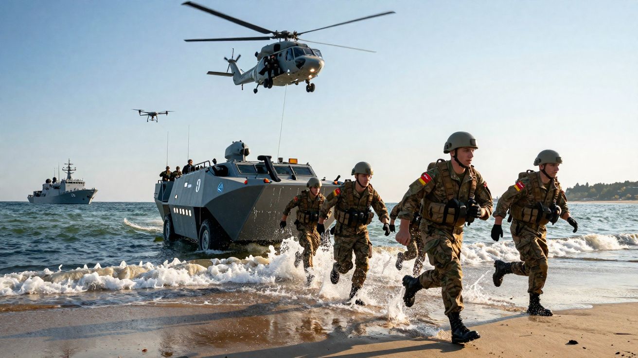 Soldados em treinamento militar desembarcando na praia com veículo anfíbio, helicóptero e navio ao fundo.
