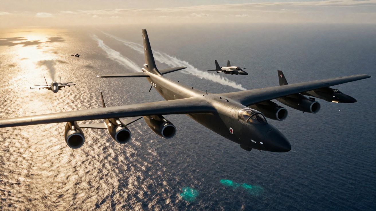 Formação de aviões militares voando sobre o oceano ao pôr do sol com céu nublado.