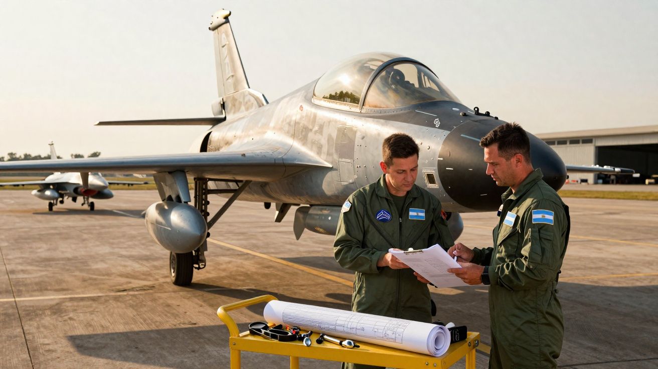 Dois pilotos militares argentinos revisam documentos próximos a um caça estacionado na pista.
