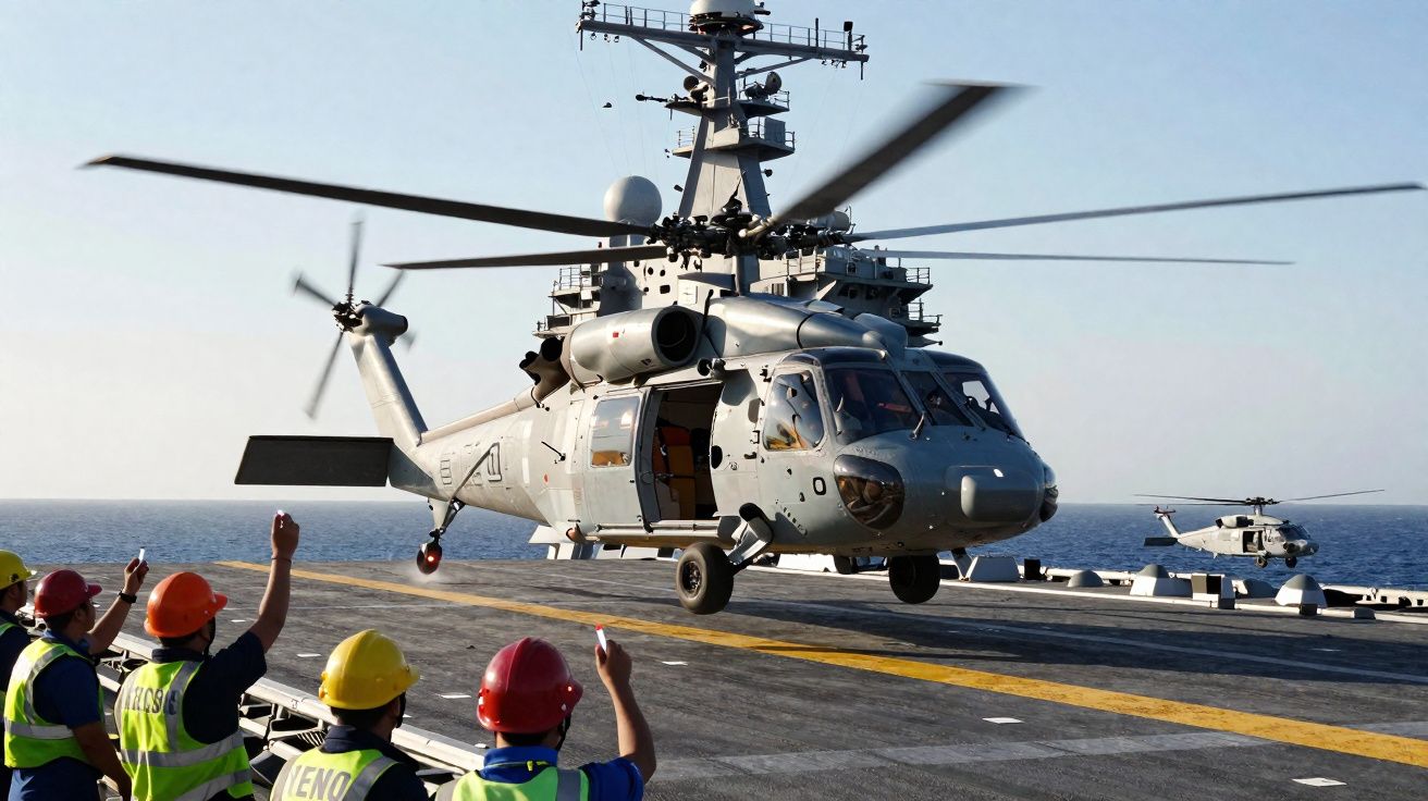Helicóptero cinza pousando em porta-aviões com equipe de aterrissagem sinalizando na pista.
