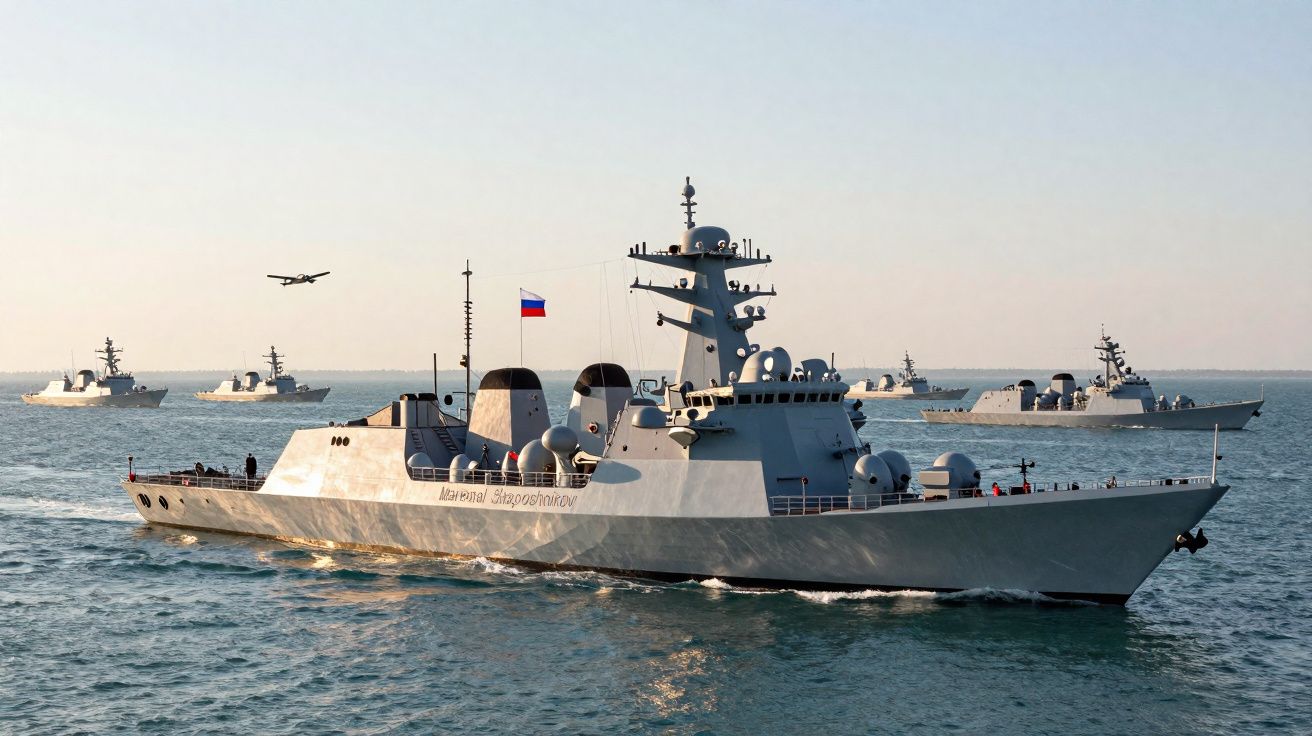 Navios de guerra russos navegando no mar com uma aeronave sobrevoando ao fundo.