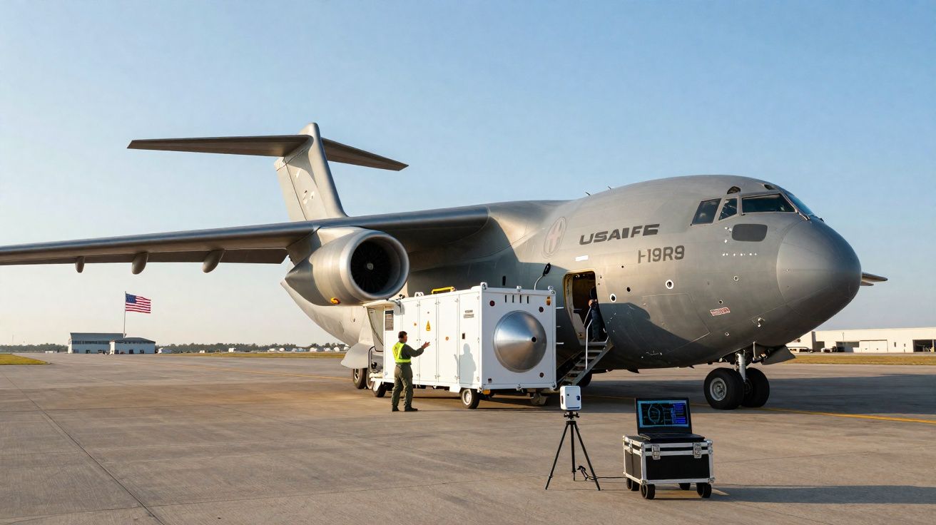 Avião militar C-17 Globe Master III estacionado com equipamentos e operador no pátio sob céu claro.