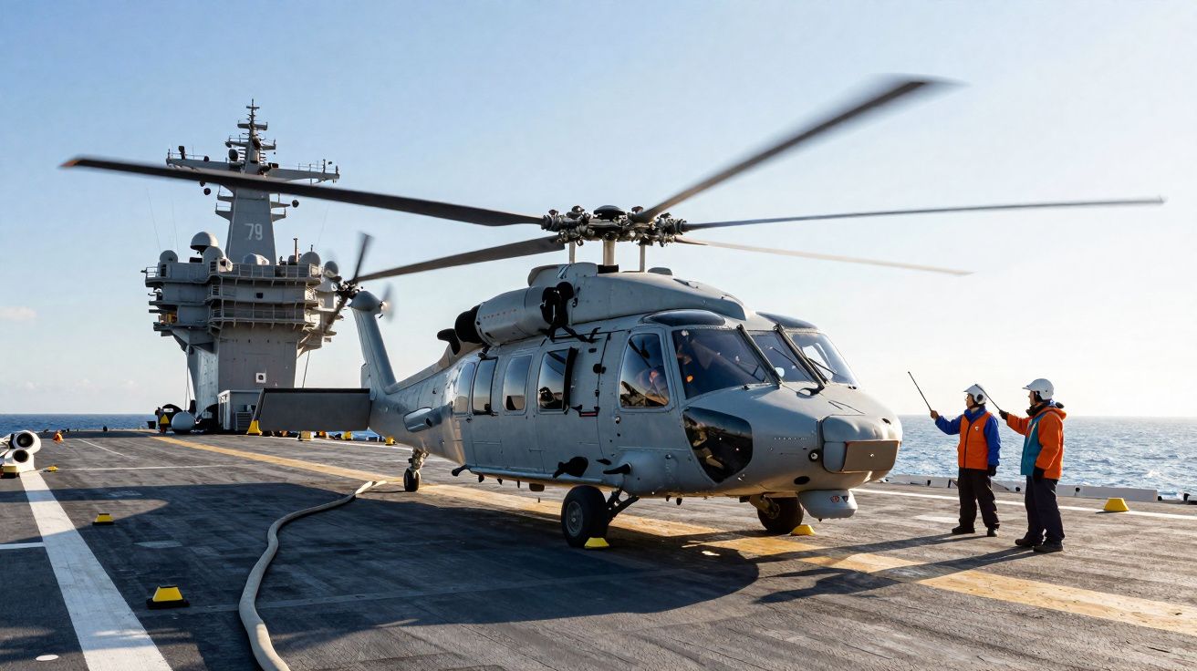 Helicóptero cinza pousado em porta-aviões com dois tripulantes sinalizando na plataforma ao ar livre.