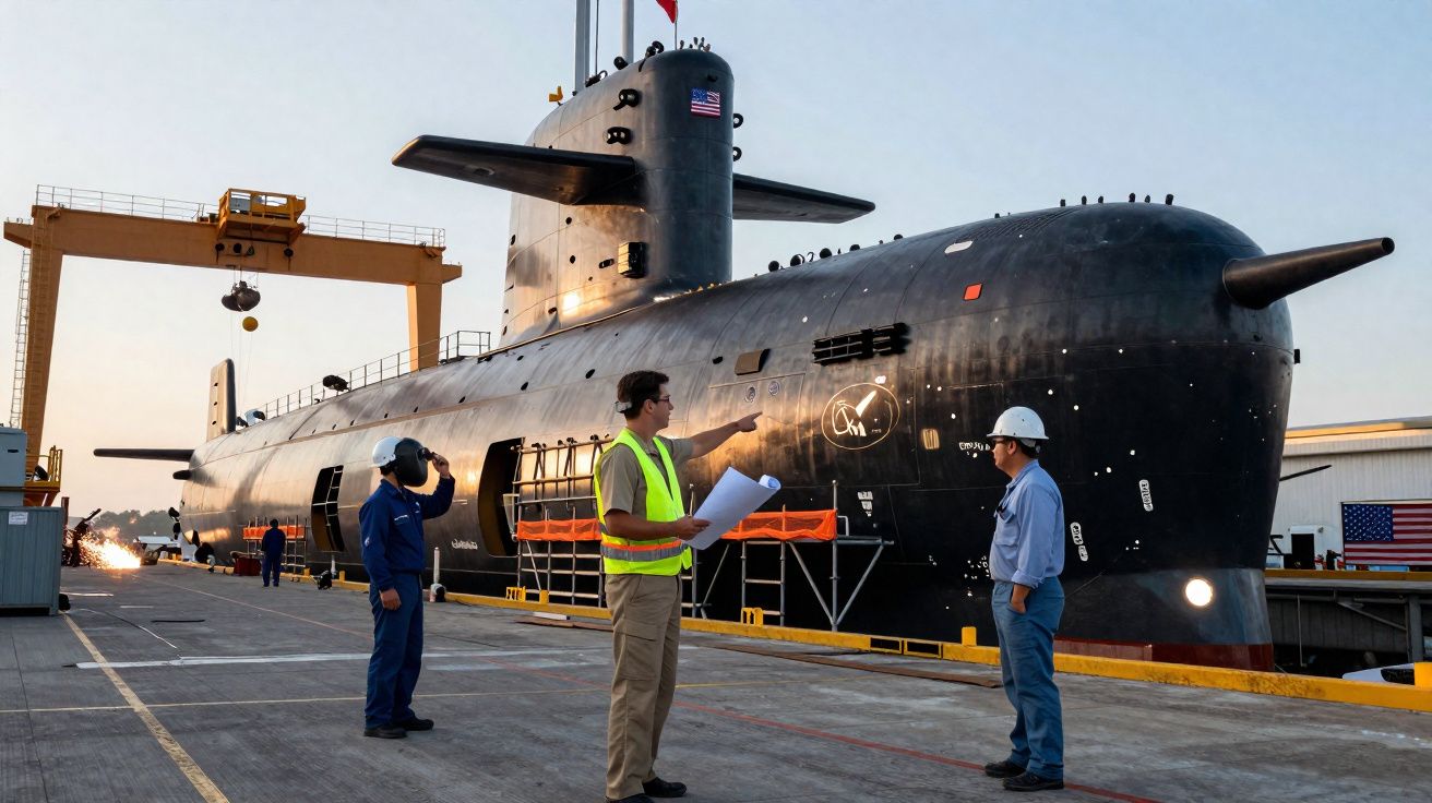 Três homens conversam em área portuária ao lado de um submarino preto com bandeira dos EUA.