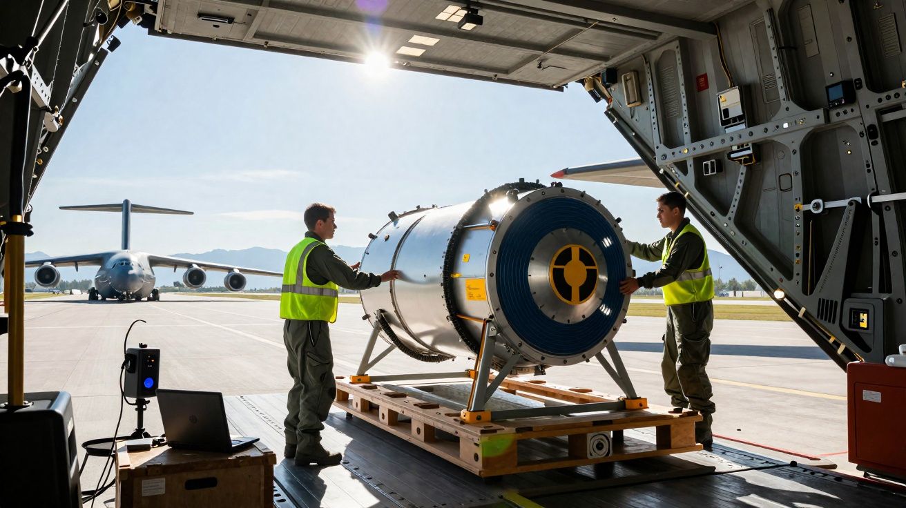 Dois homens com coletes refletivos transportam equipamento pesado dentro de avião militar com outro avião ao fundo.