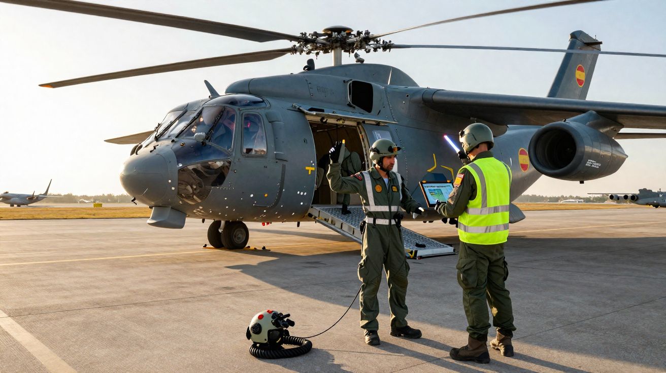 Dois militares próximos a um helicóptero militar cinza estacionado em um aeródromo ao nascer do sol.