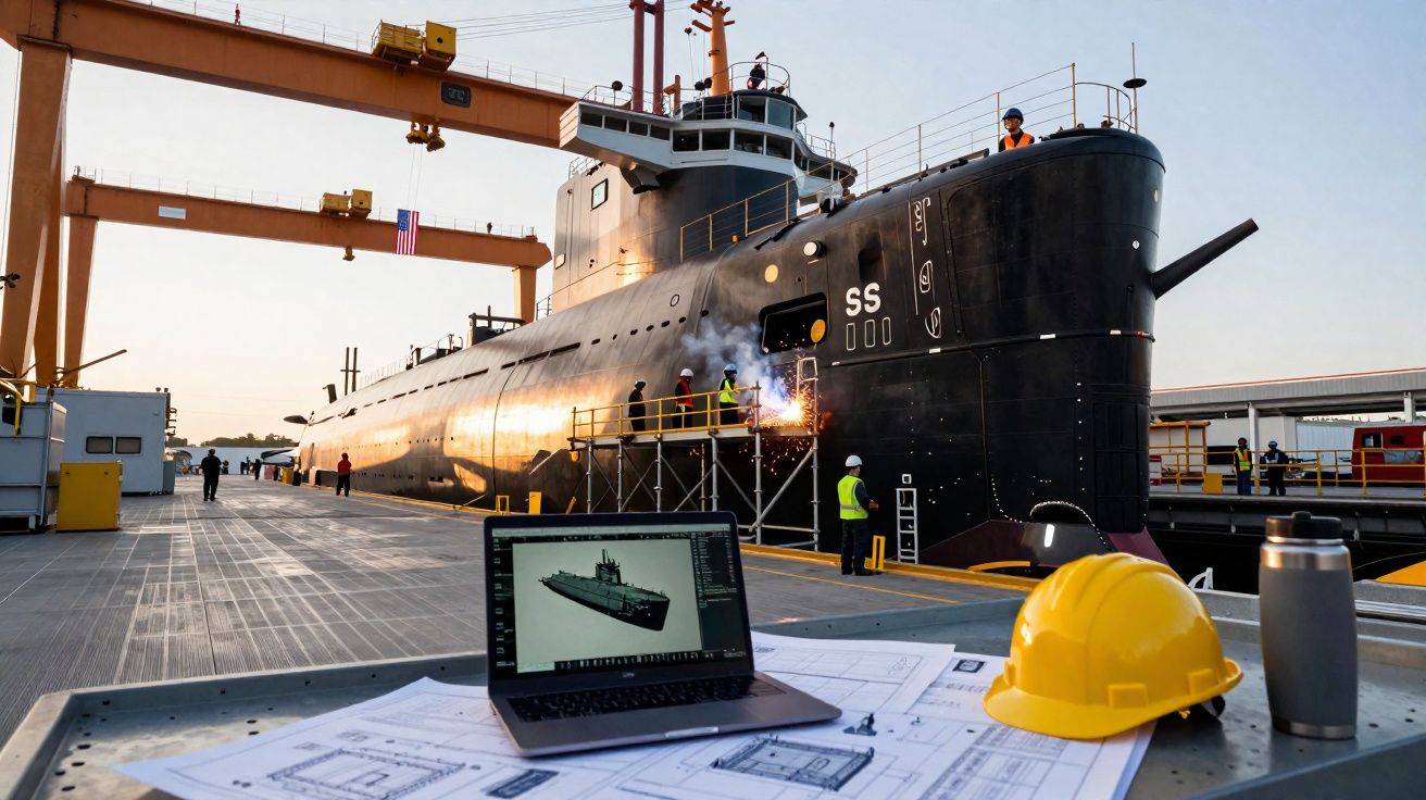 Submarino preto em doca com trabalhadores, laptop com modelo 3D, capacete amarelo e plantas sobre mesa.