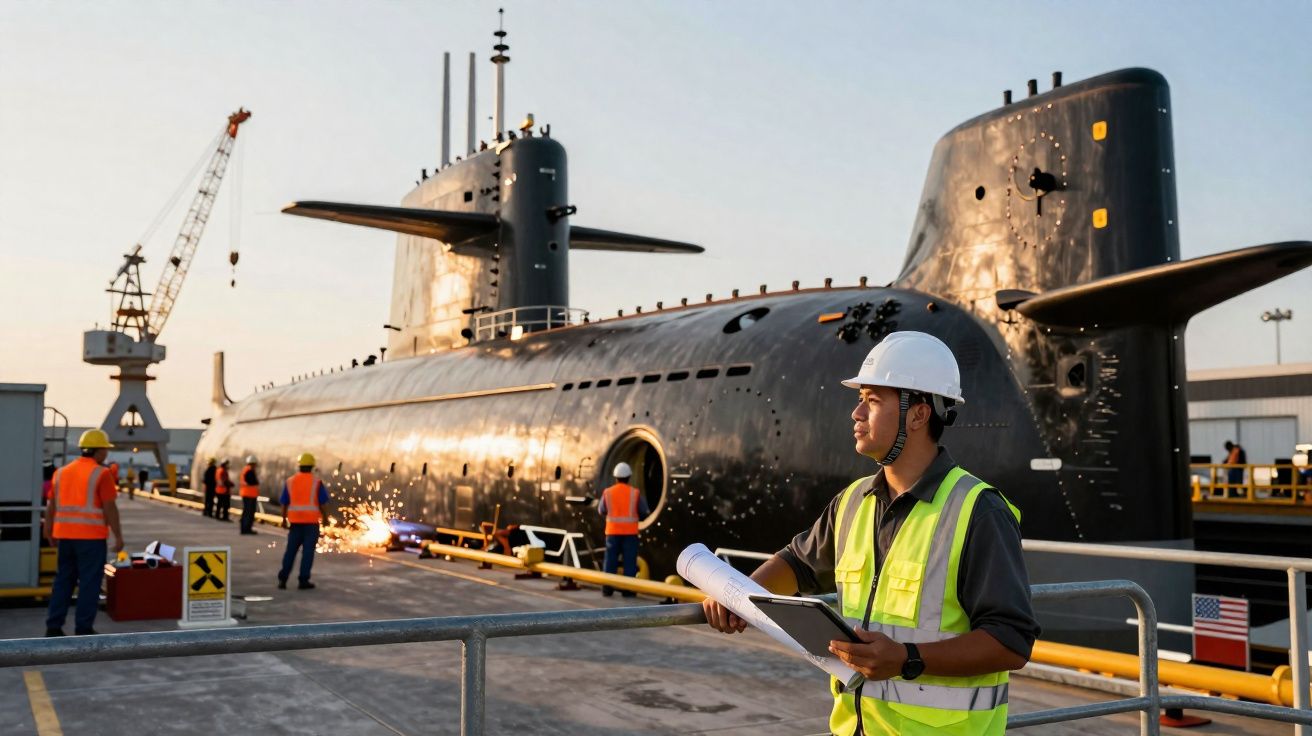 Homem com capacete e colete de segurança observa submarino preto em doca com trabalhadores ao fundo.
