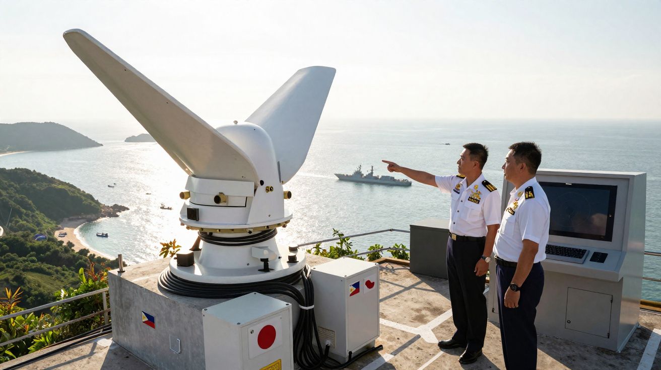 Dois oficiais em uniforme observam o mar ao lado de equipamento tecnológico em plataforma costeira.