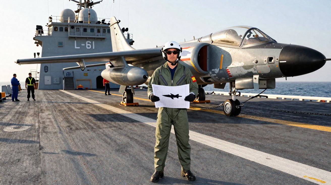 Homem com uniforme e capacete segura placa com silhueta de avião em convés de porta-aviões com jato ao fundo.
