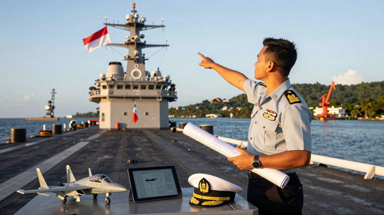 Oficial da marinha aponta para o horizonte em convés de navio com maquete de avião e planta na mesa.
