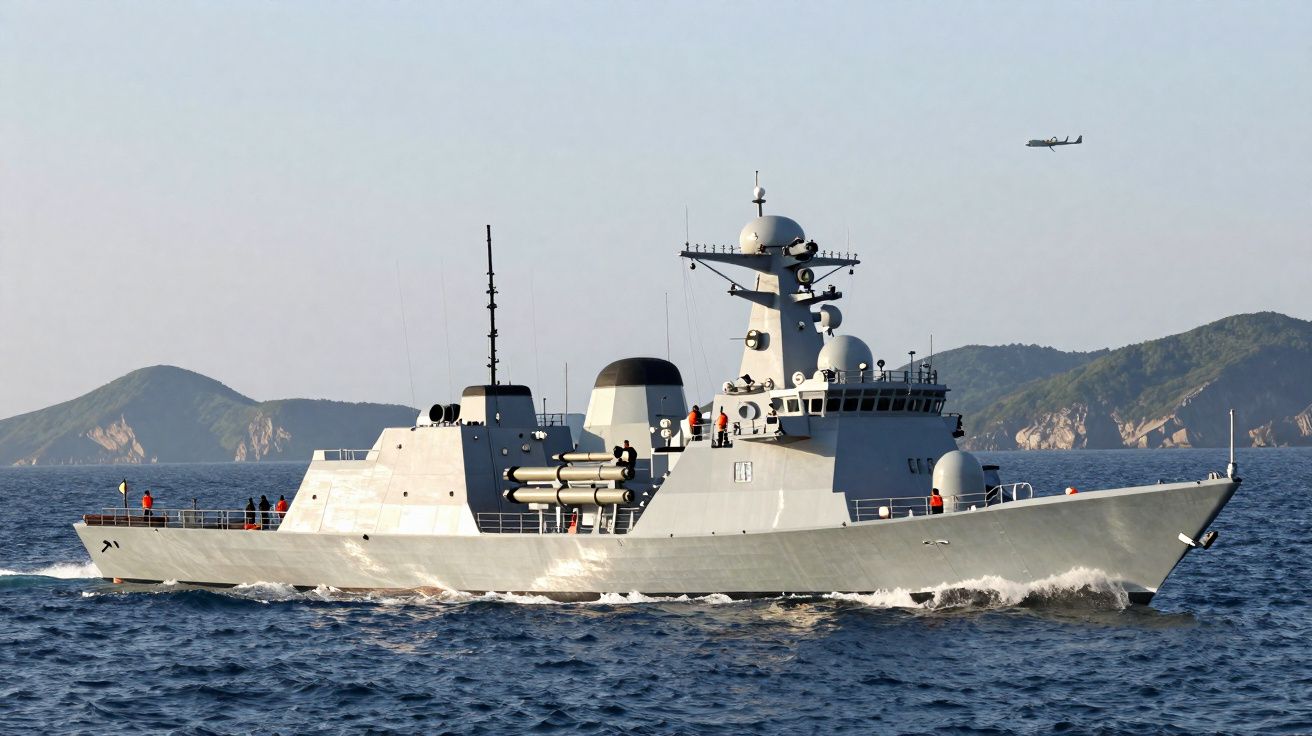 Fragata cinza militar navegando no mar com ilhas e avião no céu ao fundo.