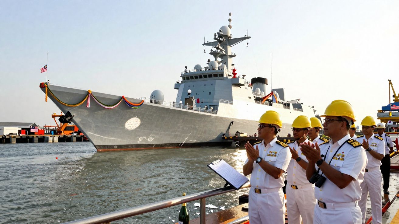 Oficiais da marinha em uniformes brancos e capacetes amarelos aplaudem navio de guerra atracado no cais.