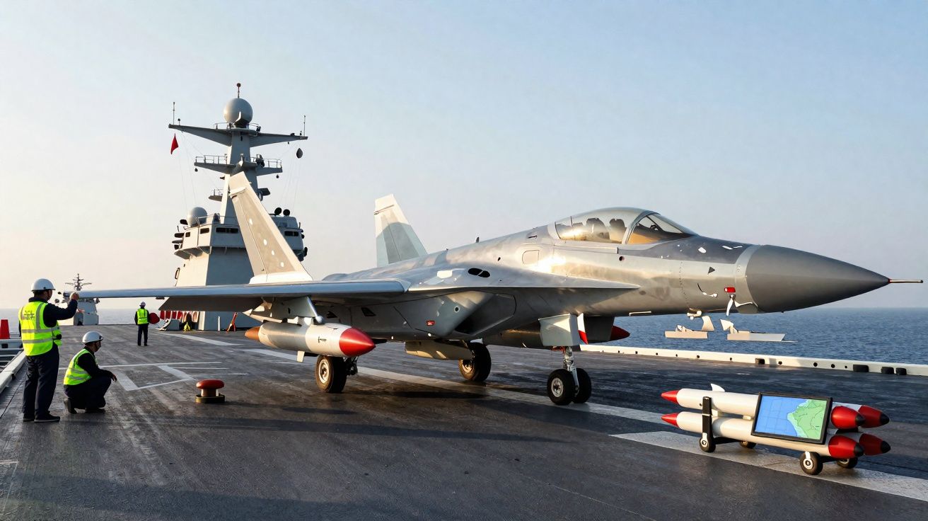 Caça militar em um porta-aviões com marinheiros em coletes de segurança na área de decolagem sobre o mar.