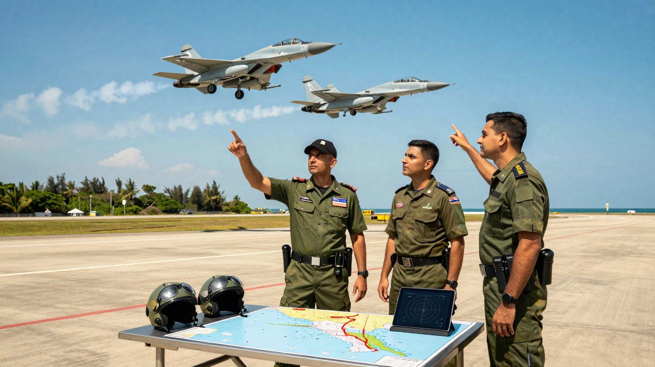Três militares observam dois jatos de combate voando sobre pista enquanto apontam para o céu, com mapa e capacetes sobre mesa