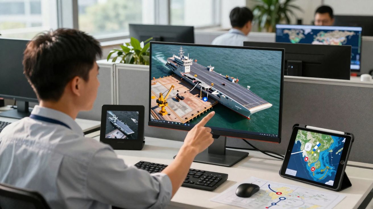 Homem analisando modelo digital de porta-aviões em escritório com múltiplas telas e mapas digitais.