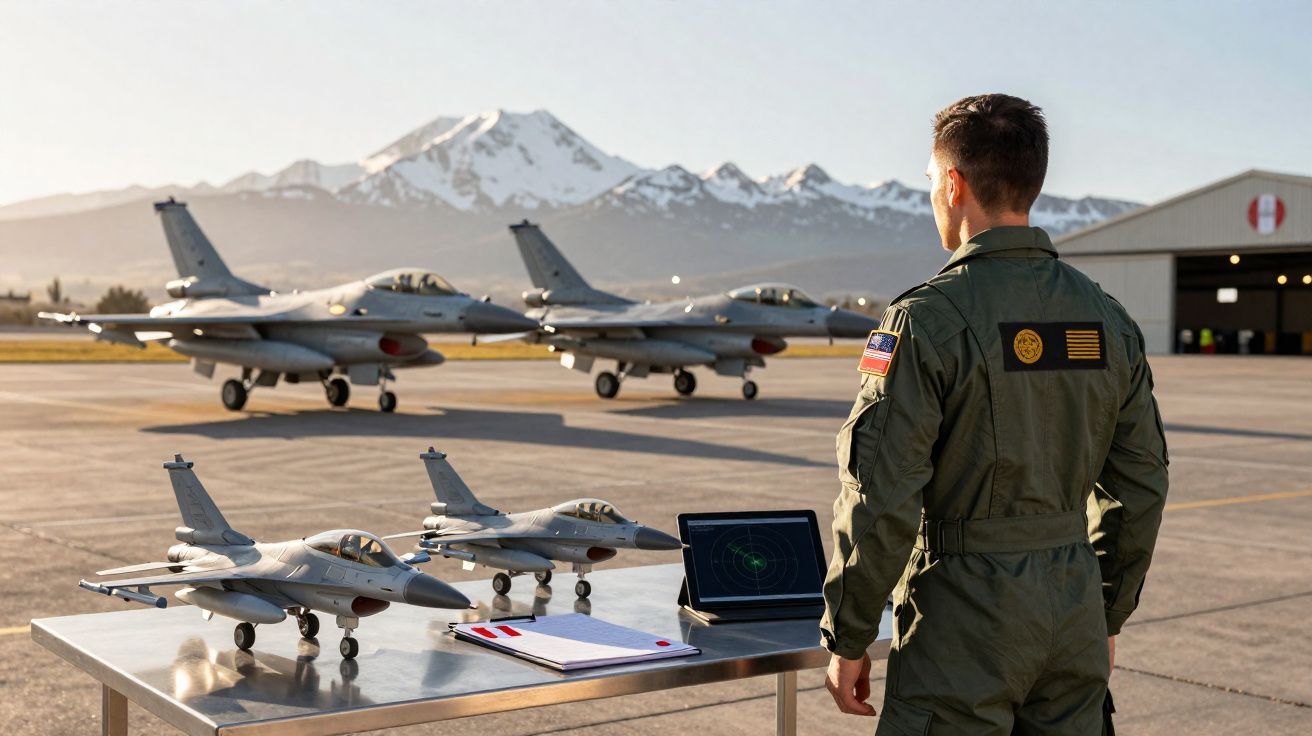 Militar em macacão verde observa modelo de aviões de caça em mesa ao ar livre, com aeronaves e montanhas ao fundo.