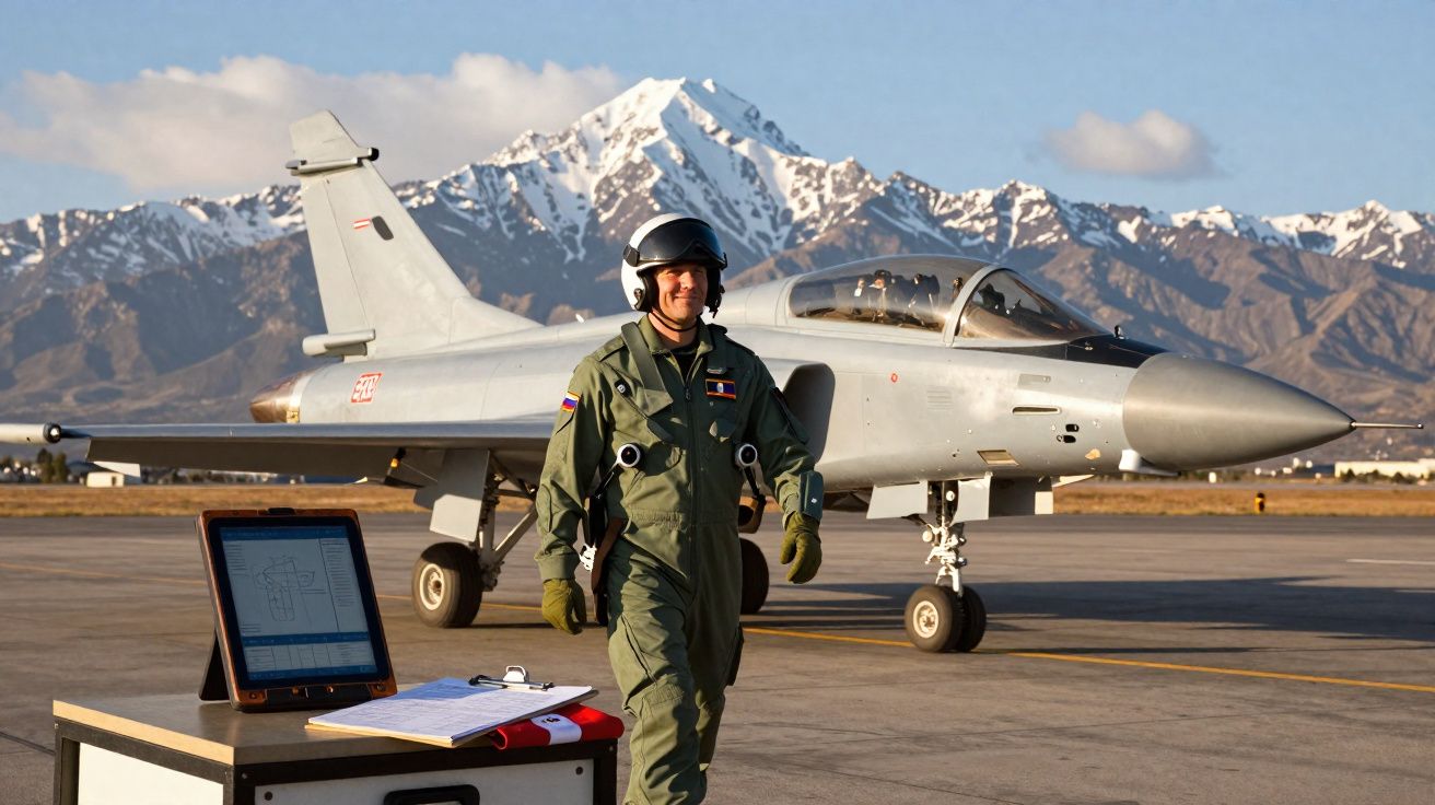 Piloto militar sorrindo caminha ao lado de caça em pista com montanhas cobertas de neve ao fundo.