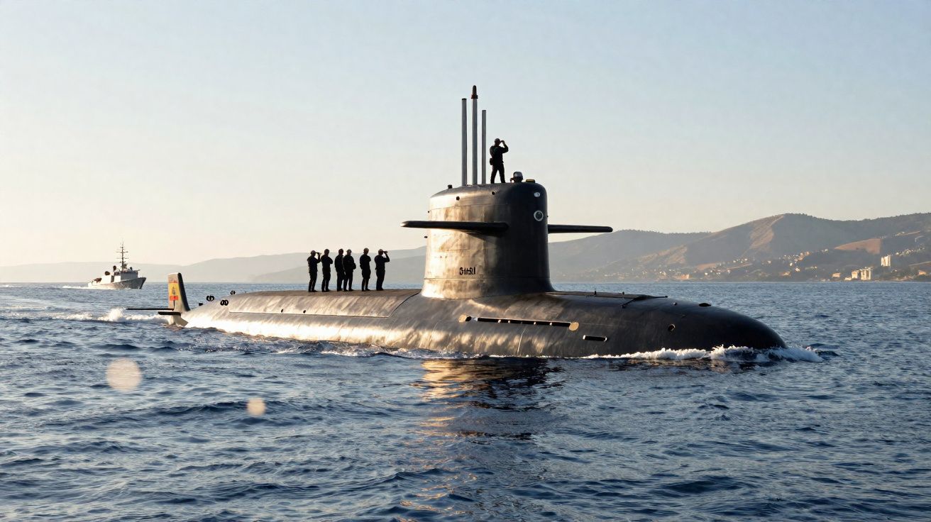 Submarino preto com tripulação em cima navegando em mar calmo com montanhas ao fundo.