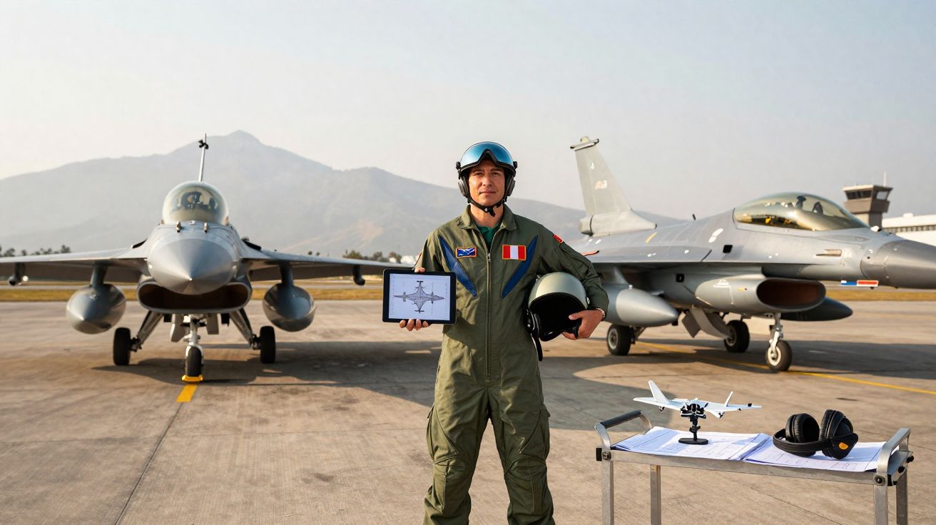Piloto militar em uniforme verde segura capacete e tablet com desenho de avião, entre dois jatos na pista.