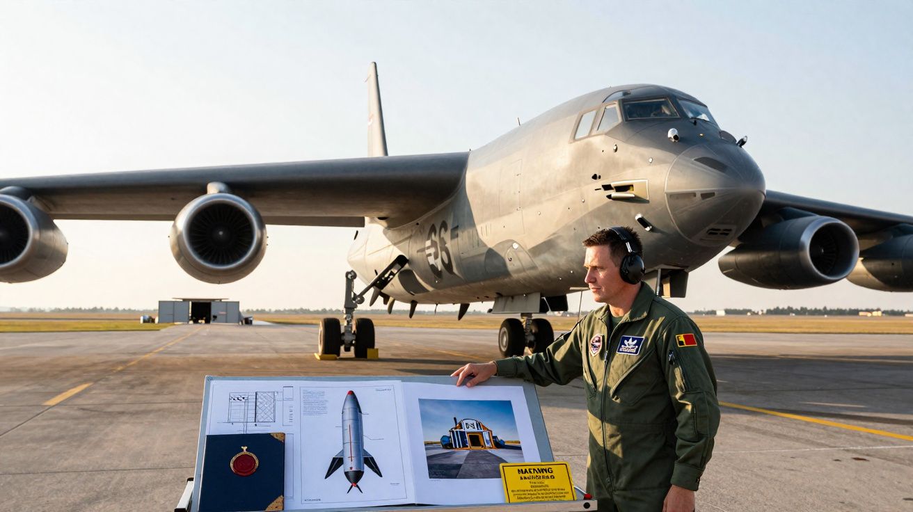 Militar com fones diante de avião militar cinza e painel informativo em pista de aeroporto.