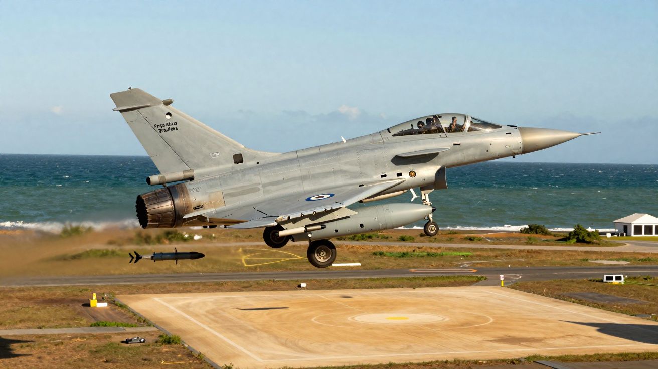 Caça monoposto da Força Aérea Brasileira decolando próximo ao mar em pista de concreto.